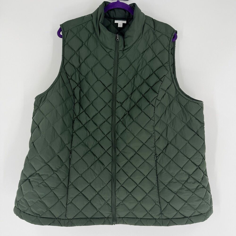 J Jill Women’s Side-Zip Down Puffer Vest Green Plus Size 3X Sleeveless